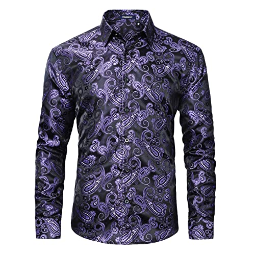 HISDERN Herren Paisley Hemd Langarm Jacquard Seidenhemd für Männer Regular Fit Violett Stickerei Freizeithemd XXL von HISDERN