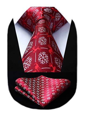HISDERN Burgund Weihnachts Krawatte für Herren Elch Schneeflocke Muster Xmas Party Festlich Krawatten & Einstecktuch Set Mode von HISDERN
