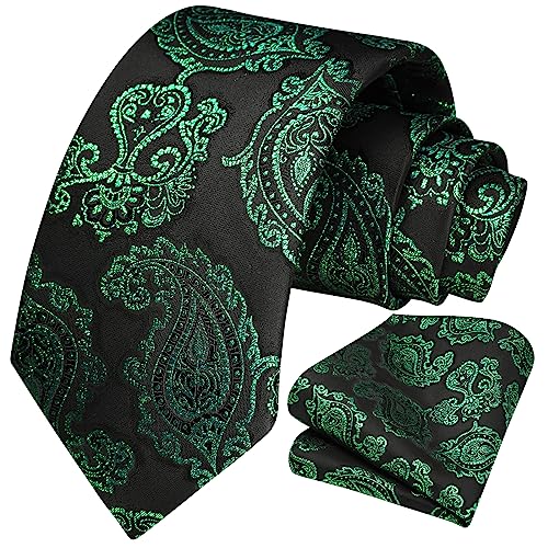 HISDERN Krawatte Herren mit Einstecktuch - Krawatten Extra Lange Grün & Schwarz Paisley Seide Hochzeit Krawatte und Taschentuch Set für Männer von HISDERN