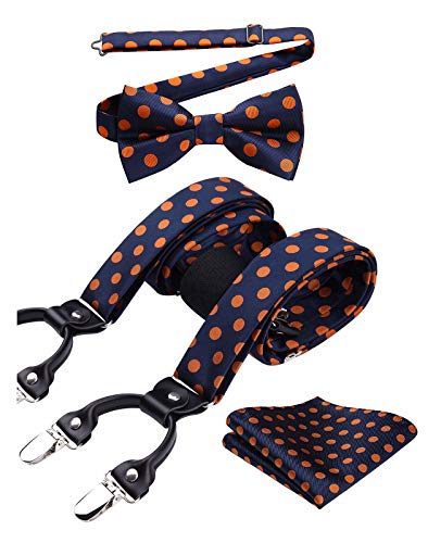 HISDERN Dunkelblau-Orange Hosenträger und Fliege Set für Herren Einstecktuch Y Style hosenträger Punkten mit 6 Starken Clips Einstellbar für Anzug von HISDERN