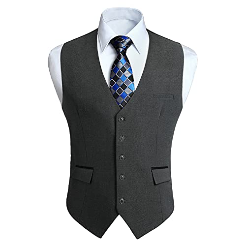 HISDERN Weste Anzug Dunkelgrau Herren Klassische Hochzeit Business Anzugweste Casual Mode Party Westen Formal Smoking Anzugweste mit Taschen XXXL von HISDERN