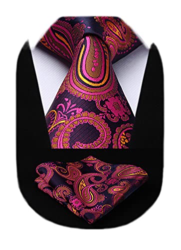 HISDERN Krawatte mit Einstecktuch Extra Lange Paisley Fuchsia Krawatten Set und Taschentuch Elegante Hochzeit Seidenkrawatte für Männer von HISDERN