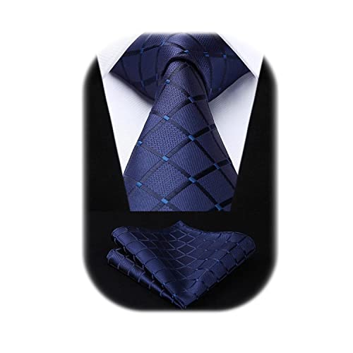 HISDERN Navy Blue Ties For Men Extra Long Check Plaid Tie and Handkerchief for Wedding Party Mens Necktie with Pocket Square Set von HISDERN