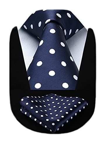 HISDERN Extra Long Polka Dots Tie Handkerchief Men's Necktie & Pocket Square Set, XL, 63 inches length, Navy Blue/White von HISDERN