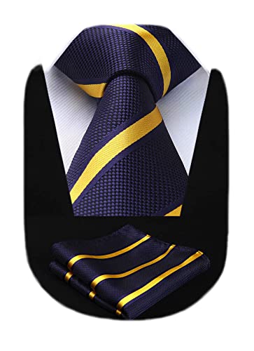 HISDERN Men's Stripe Wedding Tie & Pocket Square Extra Long Necktie and Handkerchief Set for Men Classic Fashion Business Navy Blue & Yellow von HISDERN