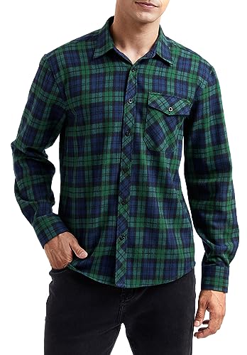 HISDERN Flanellhemd Herren,kariert,langärmelig,Holzfällerhemd,Button-Down,klassisches Freizeithemd für Herren Blau/Grün M von HISDERN