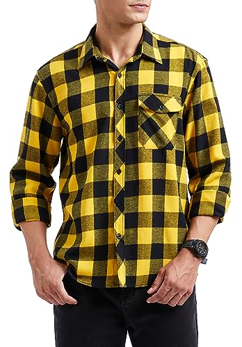 HISDERN Flanellhemd Herren,kariert,langärmelig,Holzfällerhemd,Button-Down,klassisches Freizeithemd für Herren Gelb 4XL von HISDERN