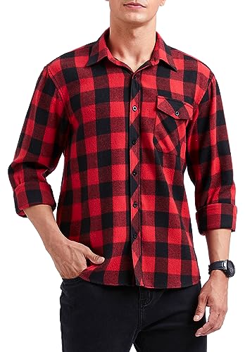 HISDERN Flanellhemd Herren,kariert,langärmelig,Holzfällerhemd,Button-Down,klassisches Freizeithemd für Herren Rot 4XL von HISDERN