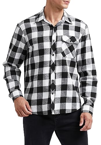 HISDERN Flanellhemd Herren,kariert,langärmelig,Holzfällerhemd,Button-Down,klassisches Freizeithemd für Herren Schwarz weiß M von HISDERN