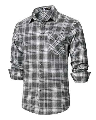 HISDERN Flanellhemd Herren Kariert Langarmhemden Regular Fit Button Down Baumwolle Warm Casual Herrenhemd Oktoberfest grau L von HISDERN