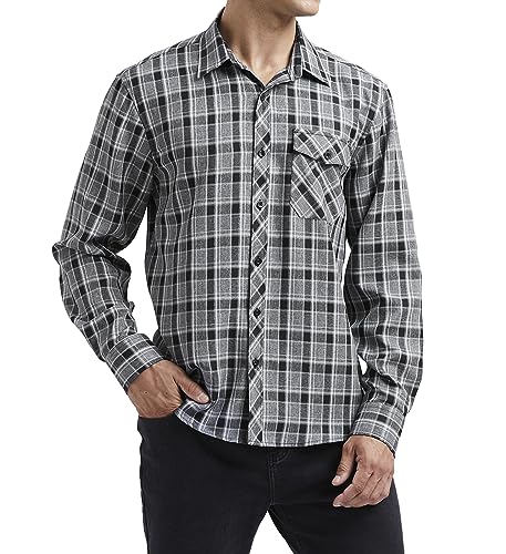 HISDERN Flanellhemd Herren kariert Langarm Button-Down Baumwolle warme Holzfällerhemden für Männer Regular Fit Grau Schwarz Hemd 4XL von HISDERN