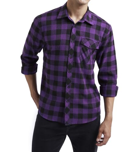 HISDERN Flanellhemden für Herren, Kariertes Herren-Langarmhemd, lässiges Kariertes Button-Down-Hemd mit Tasche für Herren, reguläre Passform, Lila/Schwarz, 2XL von HISDERN