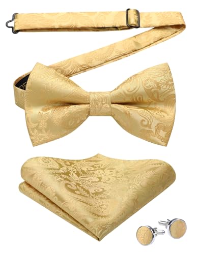 HISDERN Fliege Gold Herren Einfarbig Vorgebundene Fliegen und Einstecktuch mit Manschettenknöpfe Set Seide Fliege Anzug für Hochzeit Smoking von HISDERN