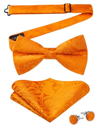 HISDERN Fliege Herren Orange Einfarbig Vorgebundene Fliegen und Einstecktuch mit Manschettenknöpfe Set Seide Fliege Anzug für Hochzeit Smoking von HISDERN