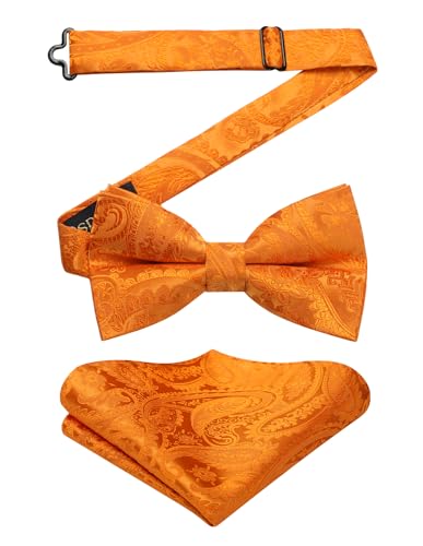 HISDERN Fliege Herren Orange mit Einstecktuch Paisley Fliegen Vorgebunden Anzug Fliege und Taschentuch Set Hochzeit Schleife für Männer von HISDERN