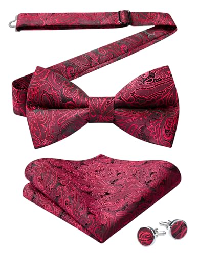 HISDERN Fliege Herren Rot Einfarbig Fliege Anzug und Einstecktuch mit Manschettenknöpfe Set Seide Vorgebundene Fliegen für Hochzeit Weihnachtstag von HISDERN