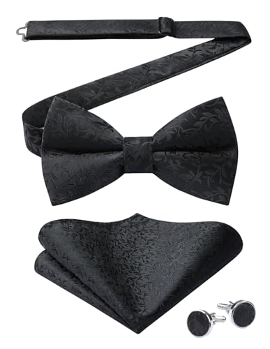 HISDERN Fliege Herren Schwarz Einfarbig Fliegen und Einstecktuch mit Manschettenknöpfe Set Seide Fliege Anzug für Hochzeit Smoking von HISDERN