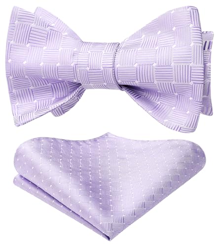 HISDERN Fliege Herren Lila Kariert Fliege mit Einstecktuch Set Selbstbindende Anzug Schleife Herren Taschentuch Hochzeit für Männer von HISDERN