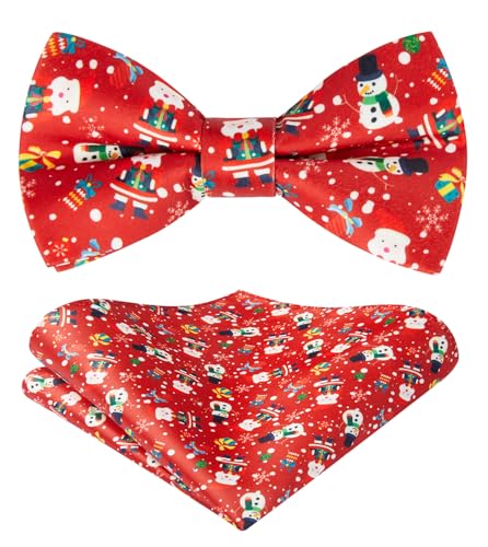 HISDERN Fliege Rot Herren Weihnachten Vorgebunden Fliege mit Einstecktuch Set Xmas Rote Smoking Herrenfliegen und Taschentuch für Weihnachten Zubehor von HISDERN