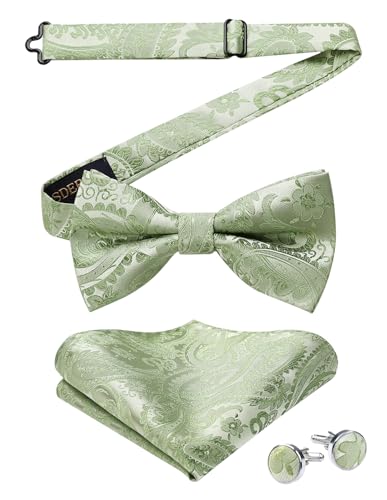 HISDERN Fliege Salbeigrün Herren Einfarbig Vorgebundene Fliegen und Einstecktuch mit Manschettenknöpfe Set Seide Fliege Anzug für Hochzeit Smoking von HISDERN