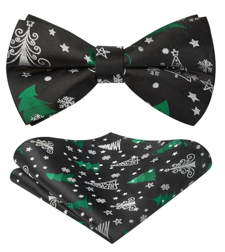 HISDERN Fliege Weihnachten Herren Vorgebunden Fliegen mit Einstecktuch Set Weihnachtsfliege Taschentuch Männer für Feiertags Schwarz von HISDERN