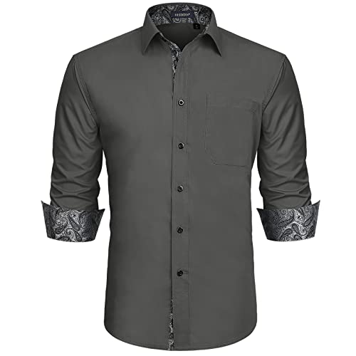 Graues Businesshemd Formelle Langarm-Knöpfe Braune Paisley-Arbeit Business Eleganter Blumenkragen Normale Passform Dunkelgraues Hemd XL von HISDERN