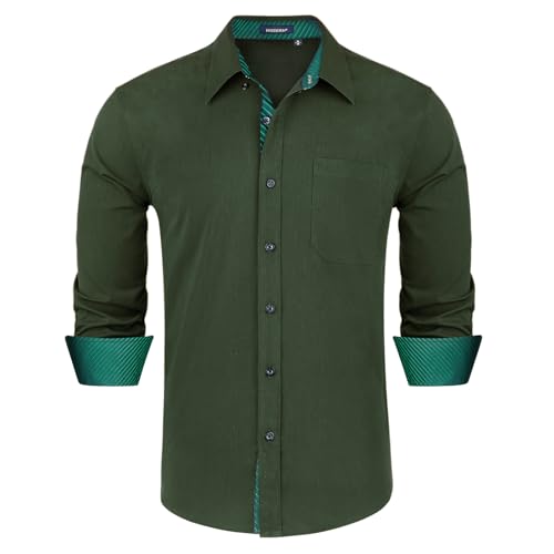 HISDERN Grün Herren Hemd Langarm Formale Regular Fit Hemd Herren Business Freizeithemden Button Down Arbeit Hochzeit mit Taschen 4XL von HISDERN