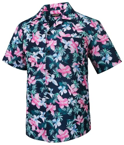 HISDERN Hawaii Hemd Herren Funky Hawaiihemd Kurzarm Sommer Männer Casual Floral Strandhemd für Urlaub Button Down Unisex Hemden Marineblau & Rosa 2XL von HISDERN