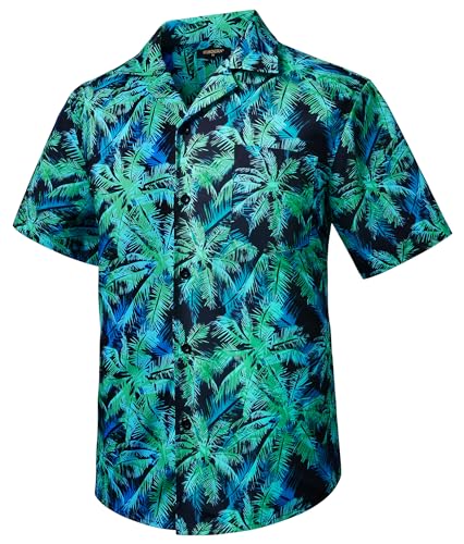 HISDERN Hawaii Hemd Herren Funky Hawaiihemd Kurzarm Sommer Männer Palmen Baum Freizeithemd Casual Button Down Aloha Unisex Strandhemd Schwarz 2XL von HISDERN