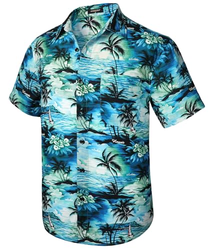 HISDERN Hawaii Hemd Männer Kurzarm Herren Hawaiihemd Sommer Funky Regular Fit Strand Party Urlaubs Shirt Hawaii-Hemd Blumen Hawaihemd Hemden,Aqua & Blau,2XL von HISDERN