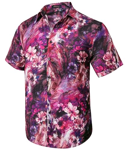 HISDERN Hawaiihemd Herren Kurzarm Hawaii Hemd Männer Funky Aloha Freizeithemd Casual Sommer-Hemd Shirt Rosa/Lila L von HISDERN