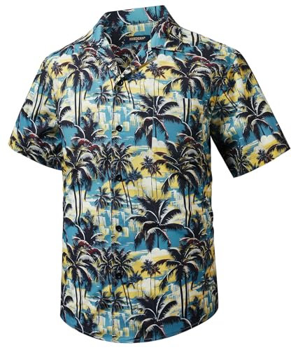 HISDERN Hawaiihemd Herren Kurzarm Sommerhemd Casual Palmen Baum Kubanischer Kragen Strandhemd Button Down Aloha Urlaub Unisex Shirt Blau & Gelb 2XL von HISDERN