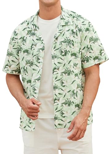 HISDERN Hawaiihemd Herren Sommer Hemden Kurzarm Baumwolle Hemd mit Muster Grün Funky Button Down Freizeithemden für Urlaubs Strand L von HISDERN