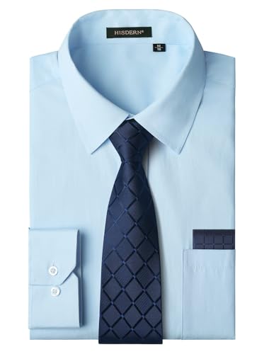 HISDERN Herren Hemd Hellblau Langarm Einfarbige Hemden mit Krawatte und Taschentuch Formelle Businesshemd Hochzeit Freizeithemd mit Tasche Regular Fit L von HISDERN