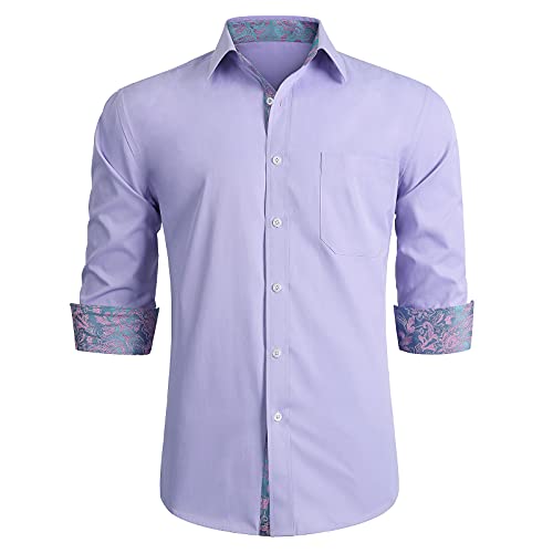 HISDERN Helllila Langarmhemden Herren einzigartiges Design Paisley Button-Down Klassischer Kragen Hochzeit Businesshemd Casual Formal von HISDERN