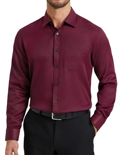 HISDERN Hemd Burgunderrot Herren Langarm Business Hemden für Männer Bügelfrei Formelle Herrenhemden Freizeithemd Baumwolle Regular Fit 2XL von HISDERN