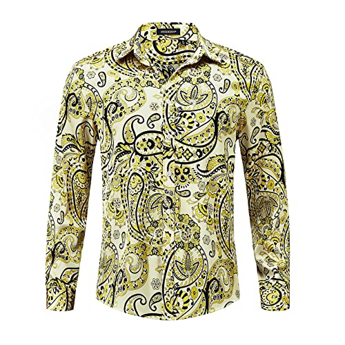 HISDERN Hemd Gelb Langarm, Herren Hemden Paisley Regular Fit Männer Hemden Button Down Print Shirt Oberhemden Freizeithemden Für Party Festival,Gelb,XL von HISDERN