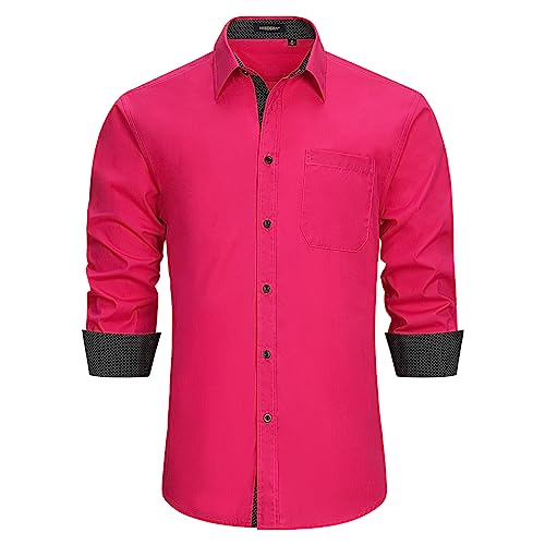 HISDERN Hemd Herren Freizeithemd Formelle Businesshemden Freizeithemden Langarm Hemd Klassisch Regular Fit Hemden Hot Pink 4XL von HISDERN