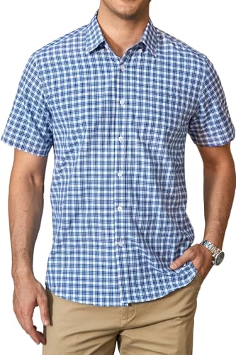 HISDERN Hemd Herren Kurzarm Kariert Marine Blau Freizeithemden Kariertes Hemden Sommerhemden Herrenhemd Arbeitshemd für Männer Regular Fit mit Tasche M von HISDERN