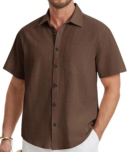 HISDERN Hemd Herren Kurzarm Leinenhemd Sommerhemd Freizeithemd Regular Fit Braun Kurzarmhemd Leinenshirt für Männer M von HISDERN