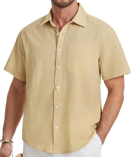 HISDERN Hemd Herren Kurzarm Sommerhemd Leinenhemd Freizeithemd Regular Fit Hellkhaki Men Shirts für Strand Hochzeit 4XL von HISDERN