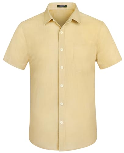 HISDERN Hemd Herren Kurzarm Sommerhemd Leinenhemd Freizeithemd Regular Fit Hellkhaki Men Shirts für Strand Hochzeit L von HISDERN