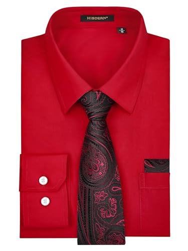 HISDERN Hemd Herren Langarm Burgund Formelle Freizeithemden mit Krawatte Hochzeit Business Hemden mit Brusttasche L von HISDERN