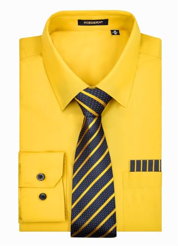HISDERN Hemd Herren Langarm Gelb Hemd mit Krawatte Formelle Business Freizeithemden mit Brusttasche für Männer Regular Fit M von HISDERN