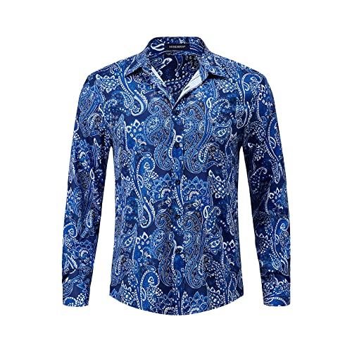 HISDERN Hemd Herren Langarm Muster, Hemden Paisley Freizeithemden Langarm Regular Fit Button Down Funky Shirt Für Party Festival Urlaub,Blau,L von HISDERN