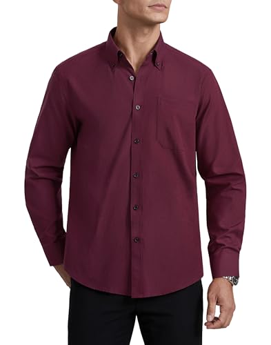 HISDERN Hemd Herren Langarm Oxford Baumwolle Casual Business Hemd Burgund FreizeitHemd Button Down Regular Fit Herrenhemd mit Tasche L von HISDERN
