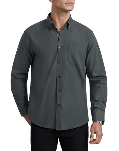 HISDERN Hemd Herren Langarm Oxford Baumwolle FreizeitHemd Dunkelgrau Casual Business Hemd Button Down Regular Fit mit Tasche M von HISDERN