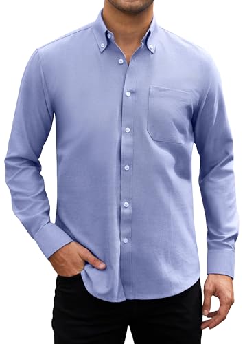 HISDERN Hemd Herren Langarm Oxford OberHemden Freizeithemden Business Blau Hemd Baumwolle Casual Regular Fit HerrenHemden mit Tasche M von HISDERN