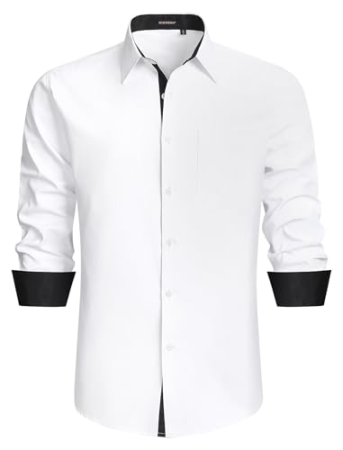 HISDERN Hemd Herren Langarm Weiß Herrenhemden Businesshemd Regular Fit Formales Button Down Freizeithemd Oberhemd Für Männer,Weiß,L von HISDERN