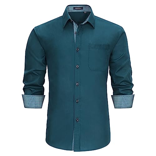 HISDERN Hemd Herren Teal Freizeithemd Formelle Businesshemden Freizeithemden Langarm Hemd Klassisch Regular Fit Hemden 3XL von HISDERN